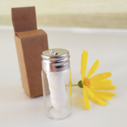 Biodegradable White Charcoal Dental Floss in glass bottle with a white background and brown box and sunflower in backdrop