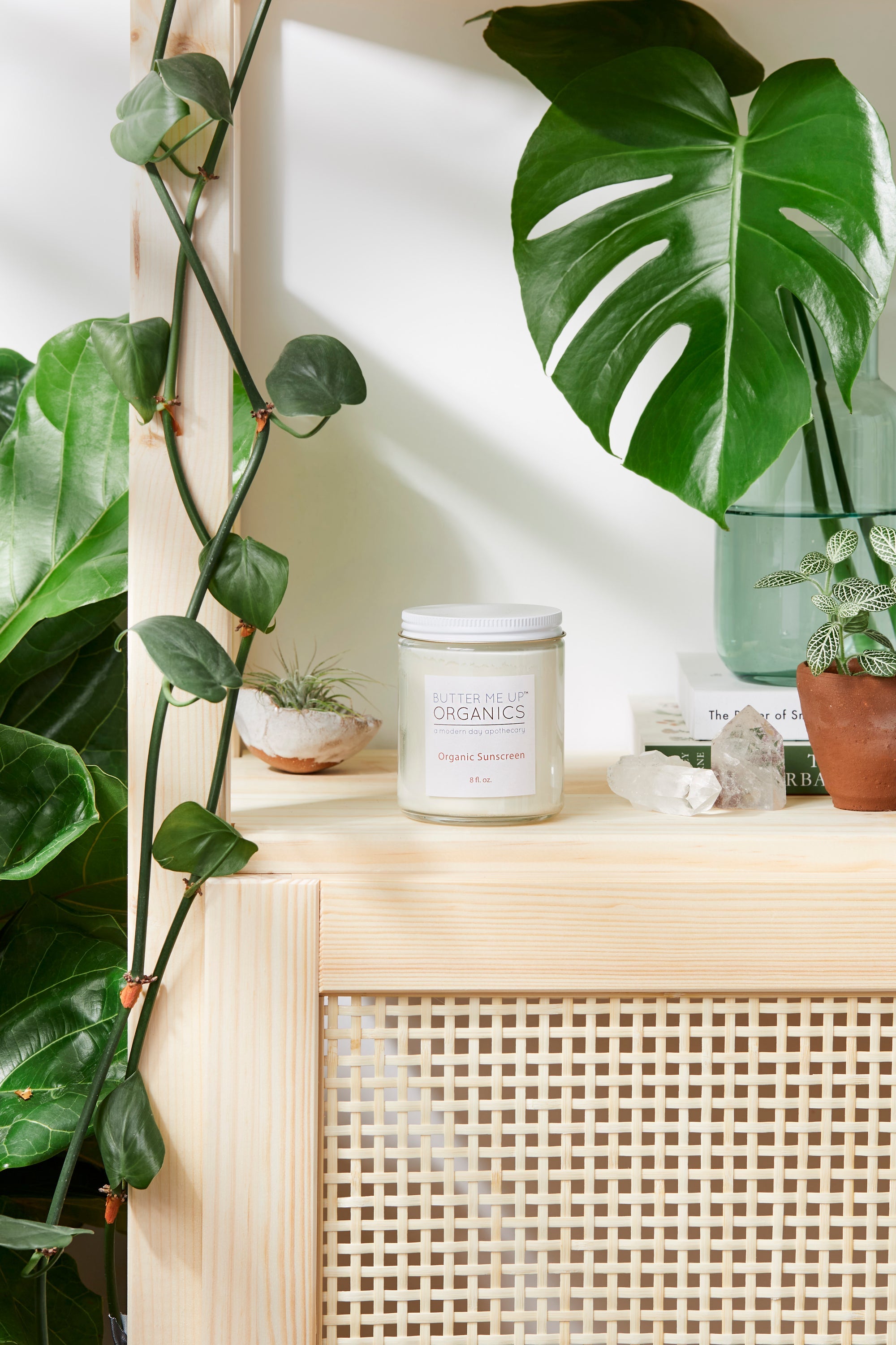 Natural Organic Sunscreen with plants and cactus in background for visual aesthetic