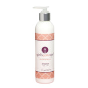 close up shot of Synergy Lavender Body Lotion in pink and white bottled packaging in white backdrop