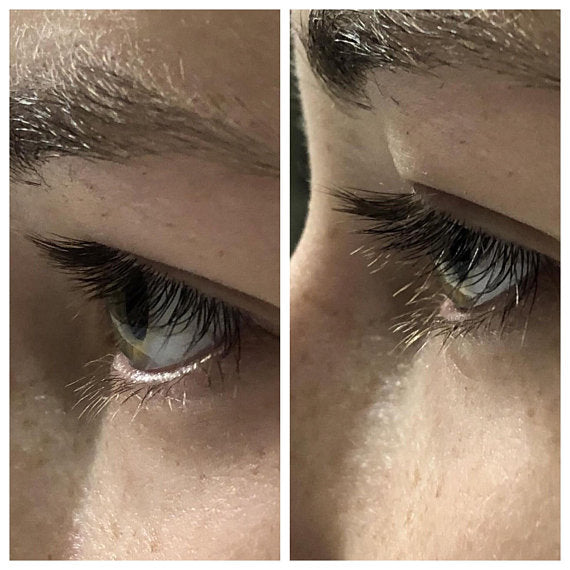 close up shot of female's eye and eyelashes to show before and after serum comparison of two images side face shot